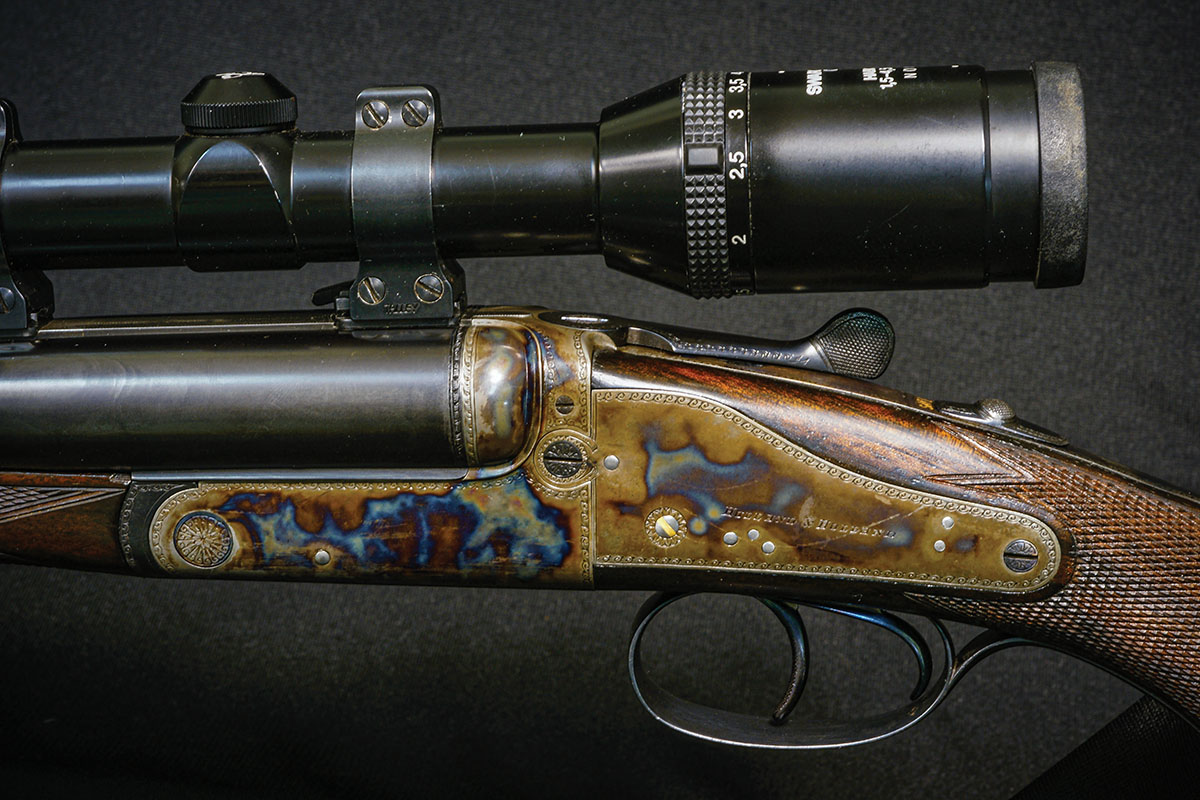 Holland & Holland back-action sidelock, chambered in .375 Flanged. This is an extraordinarily elegant rifle. The back-action lock was commonly used for the Dominion-grade rifles.